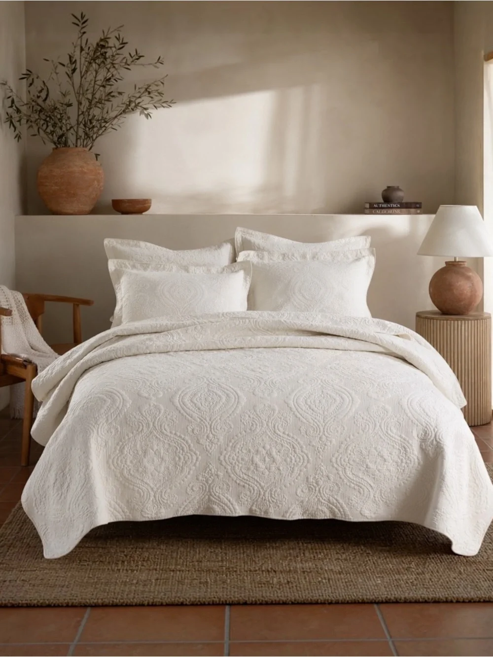 NEW Anthropologie White Queen King Boho Damask Quilt Bedspread Blanket Sham Set